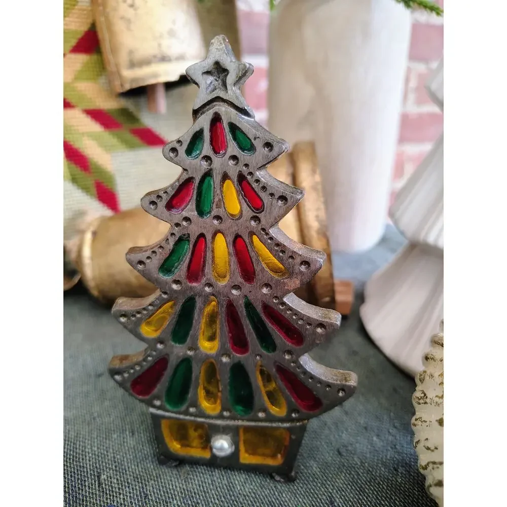 Vintage Cast Iron Christmas Tree Candle Holder – Stained Glass Window Design